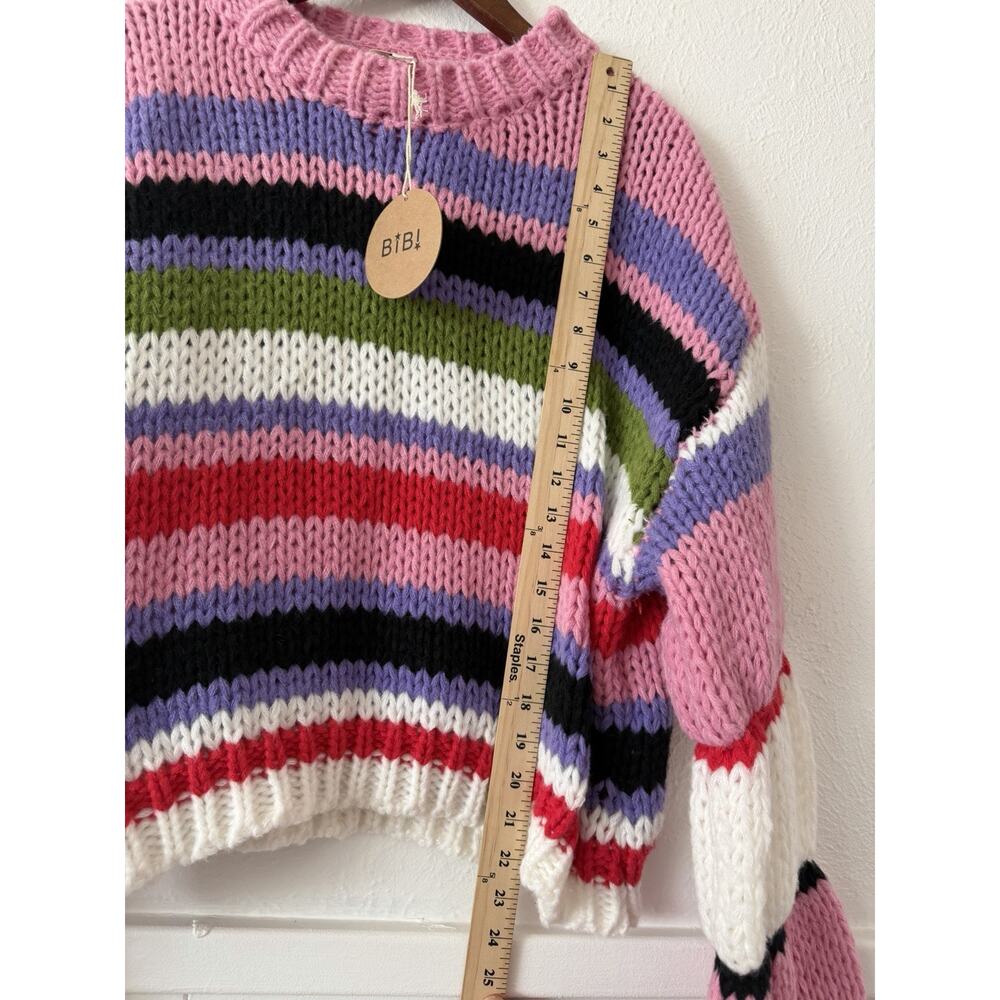BiBi Sweater M Chunky Knit Striped Bell Sleeve Crop Pullover Colorful Boho NWT - Picture 7 of 9